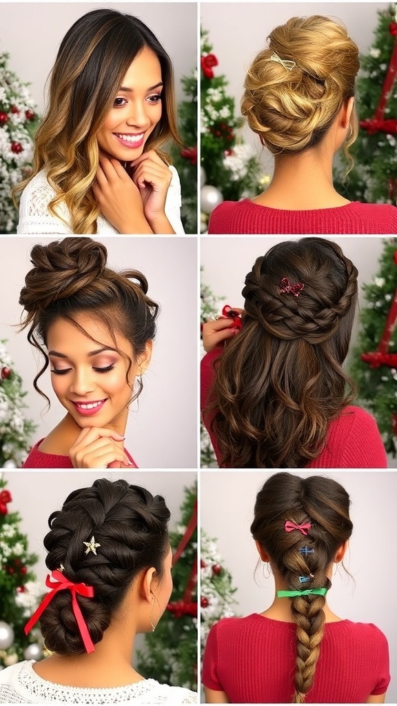A collection of natural Christmas hairstyles featuring loose waves, messy bun, half-up twist, braided crown, and side braid with festive accessories.